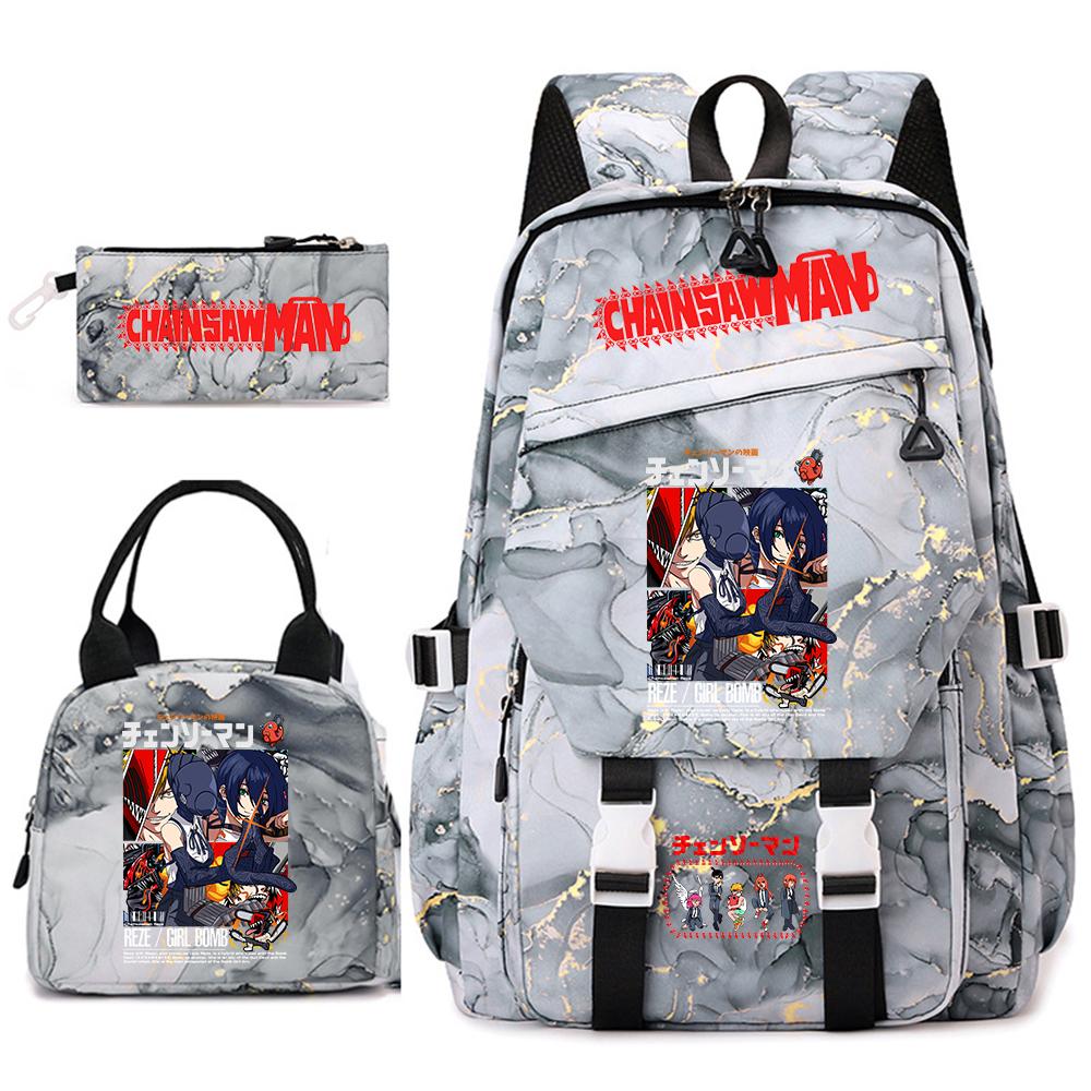 Chainsaw Man Anime Print Student Backpack Set for Girls with Lunch Bag Pencil Case School Daily Use