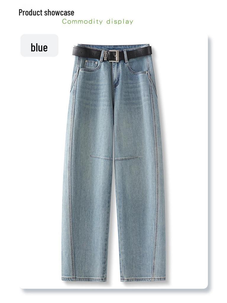 Women's Light Blue Extra-Long Curved Straight-Leg Jeans - 2025 Spring/Autumn Loose Wide-Leg Style