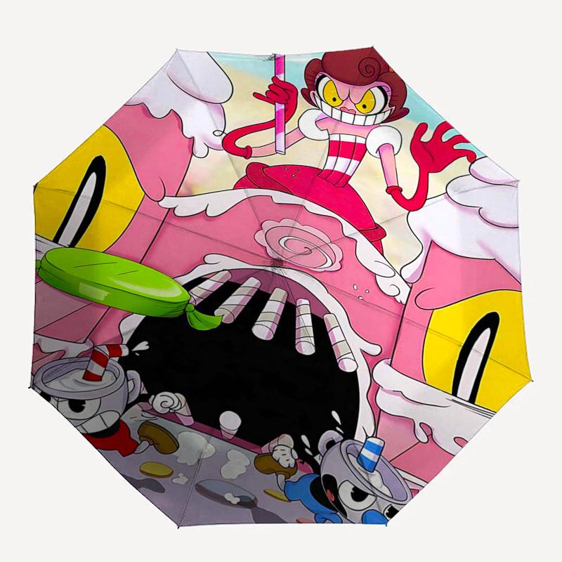 1 stuks Pink Panther & Cuphead Buitenparaplu - Automatische Open-/Sluiting, Draagbaar 3-Vouws Ontwerp met 8-Ribben IJzeren Frame - Perfect Cadeau voor Fans, Reizen