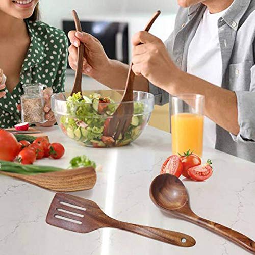 Oikabio Wooden Utensils with Stand, Teak Kitchen Cookware Set, Ideal for Non-Stick Cookware, Wooden Shovel Spoons for Cooking, 5 Pieces