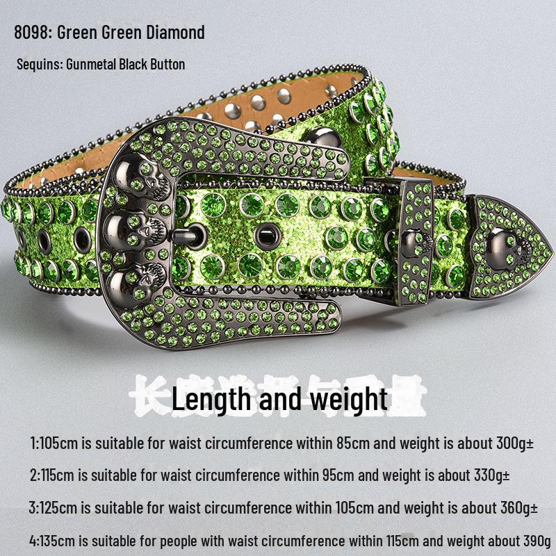 Curea de lux cu cataramă cu strasuri și craniu închis la culoare, cu paiete și diamante