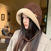 Autumn and winter new dark brown suede ear protector bucket hat lamb wool lace bucket hat cold warm women's hat