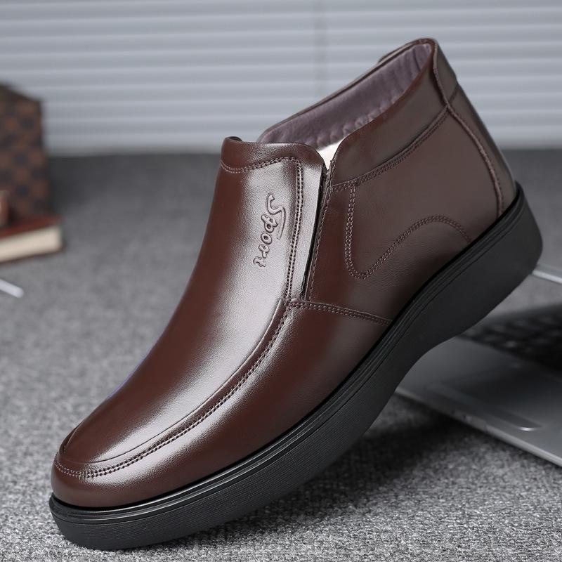 The First Layer of Cowhide Winter Wool Men's Cotton Shoes High-top Fur Integrated Warm Middle-aged and Elderly Plus Size Leather Men's Shoes