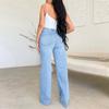 Jeans lunghi da donna a vita alta strappati con orlo sfilacciato comodi a gamba larga