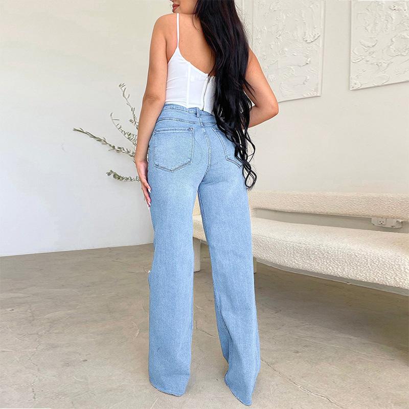 Jeans lunghi da donna a vita alta strappati con orlo sfilacciato comodi a gamba larga