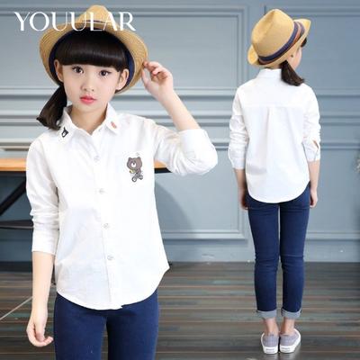 Teenagers School Shirt for Girl Blouse Cotton White Long Sleeve Cartoon Embroidered Tops Spring Autumn Children Clothing