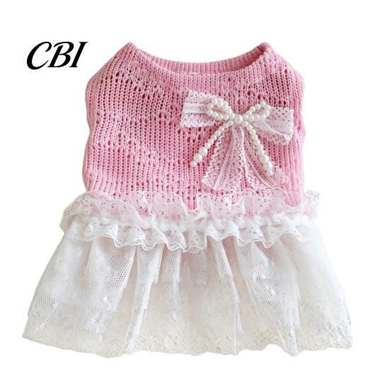 Lace Pet Dress Knitted Sleeveless Dog Dress, White Tutu Puppy Princess Cute Girl Small Clothes with Faux Pearl Bow, Summer Female for Dogs Party