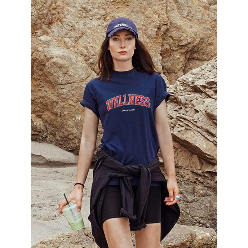 Wellness Short Sleeve T-Shirt Women's Shoulder Width Loose Sports Casual Versatile Summer Tide Pure Cotton American Retro Half Sleeve