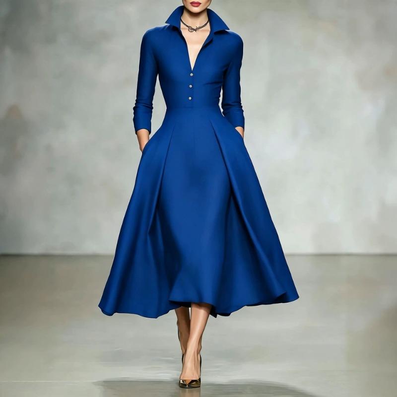 Damen Mode Elegant Taille Enger Umlegekragen Langarm Midi Freizeitkleid