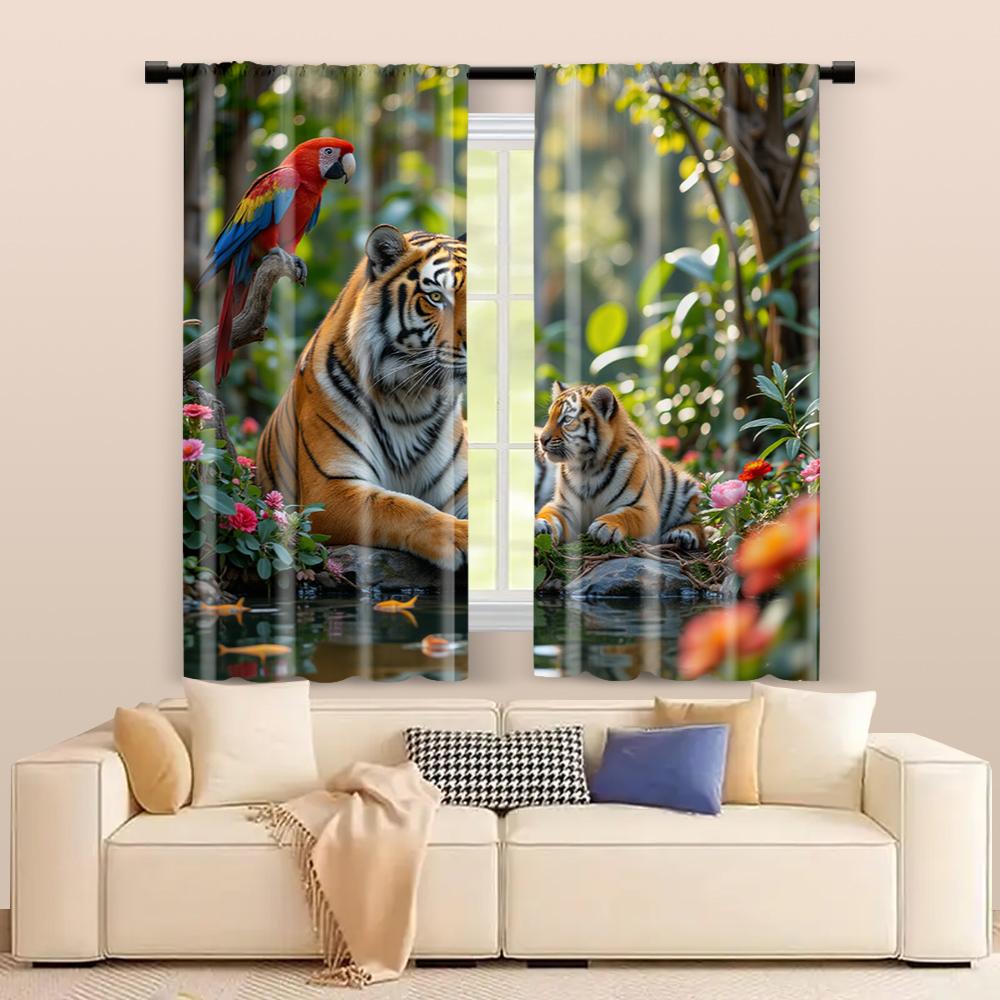 Set Of 2 Filtering Curtains Excluding Rods Non Movable Without Batteries Tropical Tiger Use Bedrooms Living Rooms Curtain For Area Made Polyester