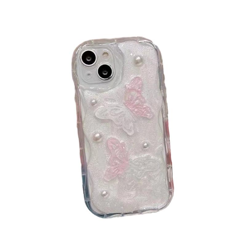ins romantic pink pearl white three-dimensional pink flower 15Pro laser butterfly three-dimensional handmade Epoxy 13 mobile phone case
