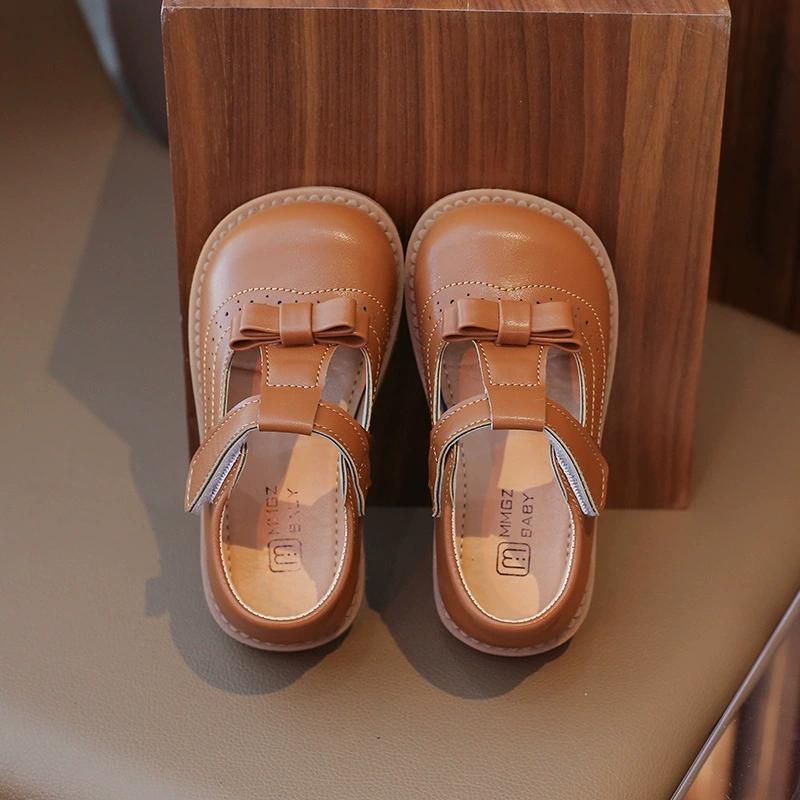 Girls Solid Color Design PU Leather Shoes Middle and Small Children Low Top Bow College Style Single Shoes