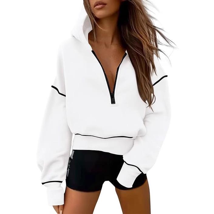 Women's Cropped Hooded Sweatshirt - Long Sleeve Half Zip Hoodie, Winter Fashion