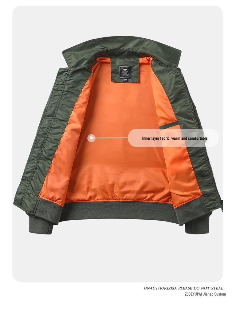 European & American Style Custom Printed Waterproof Flight Jacket with Stand Collar, Cotton Insulation, and Embroidered Logo.