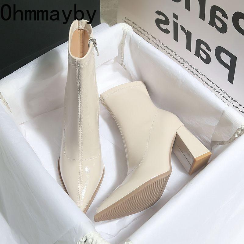 Vintage Thick Heel Women Ankle Boots Fashion Patent Leather Pointed Toe Short Booties Wedding Party Autumn Winter Shoes