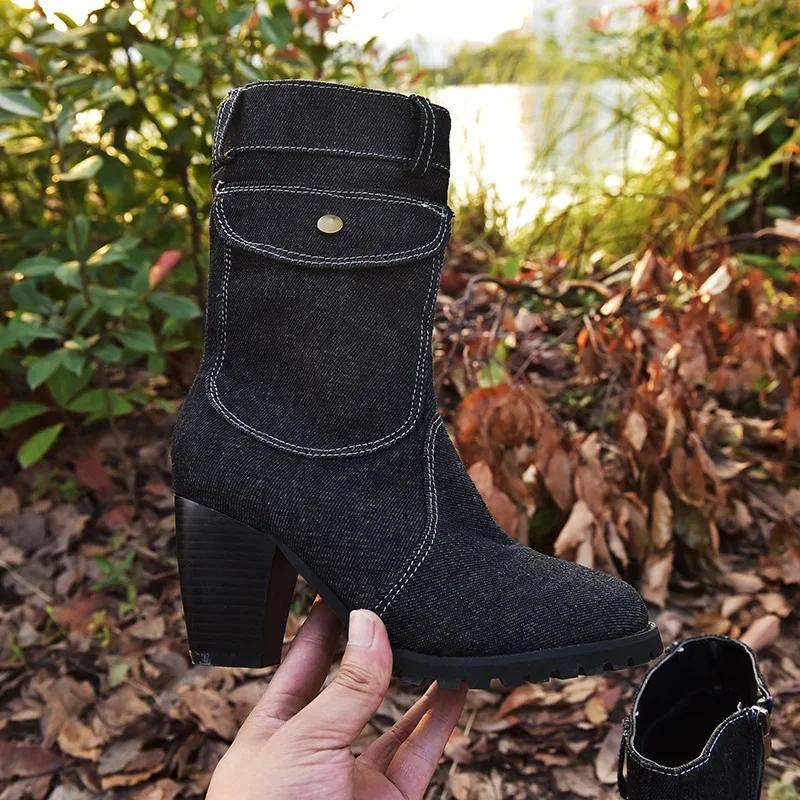 Fashion Jeans Mid-calf Boots Women's Ankle Boot Autumn winter warm Rome Solid Slip-On Chunky Heels Vintage Ladies Shoes Botas de mujer