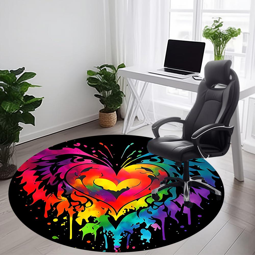 1PC Heart Rainbow Office Round Area Rug, Mat Suitable ForOffice, Under Office Chairs Bedroom Living Room Home Decor, Room Deco