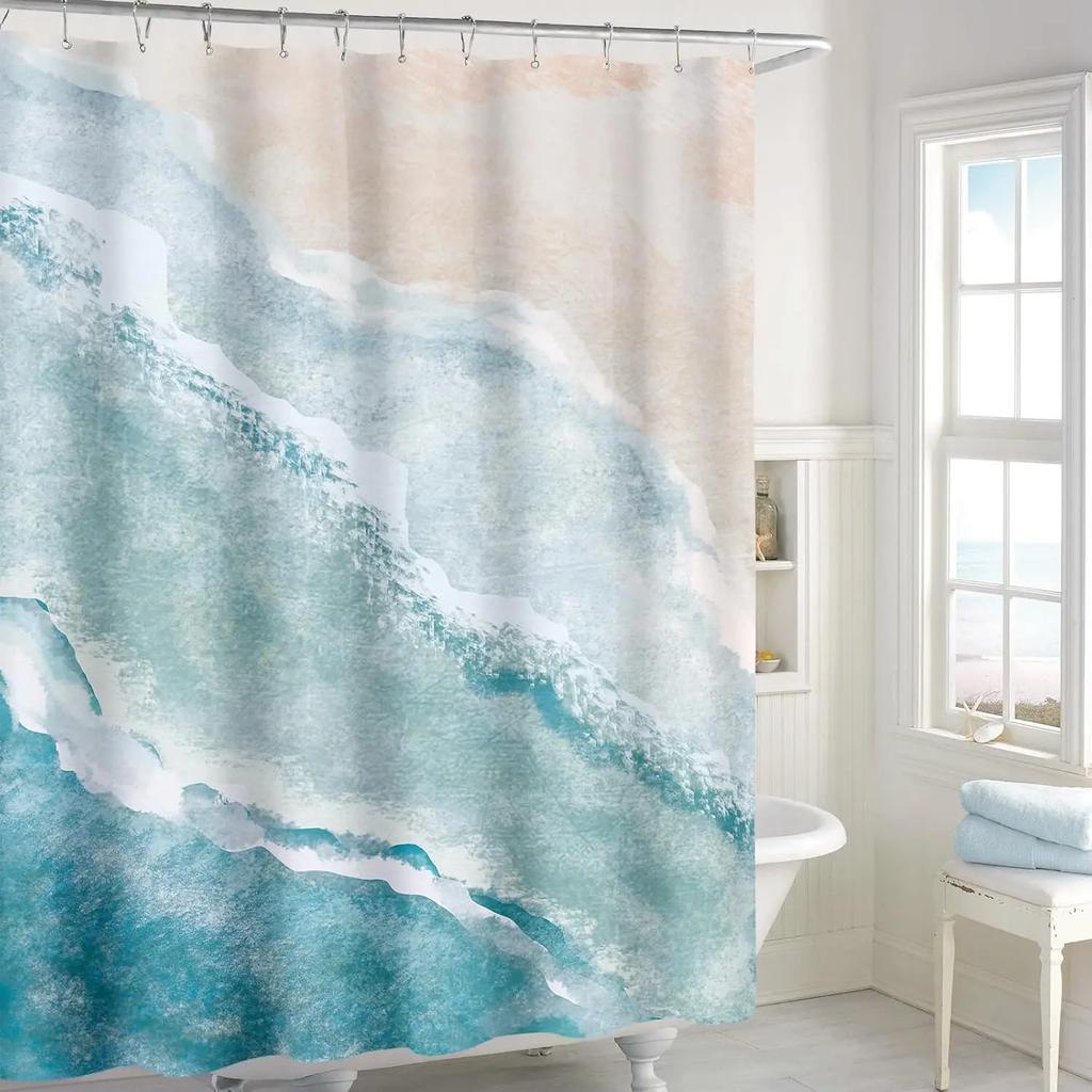 GAEBeach Ocean Themed Shower Curtain, Teal Blue Nautical Coastal Decor, Tropical Fabric Set with Hooks