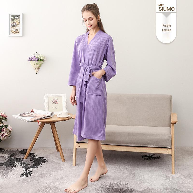 

Летний легкий вафельный халат на конец года - Унисекс с V-образным вырезом и рукавом 3/4, абсорбирующая одежда для сна для весны и осени XXXL