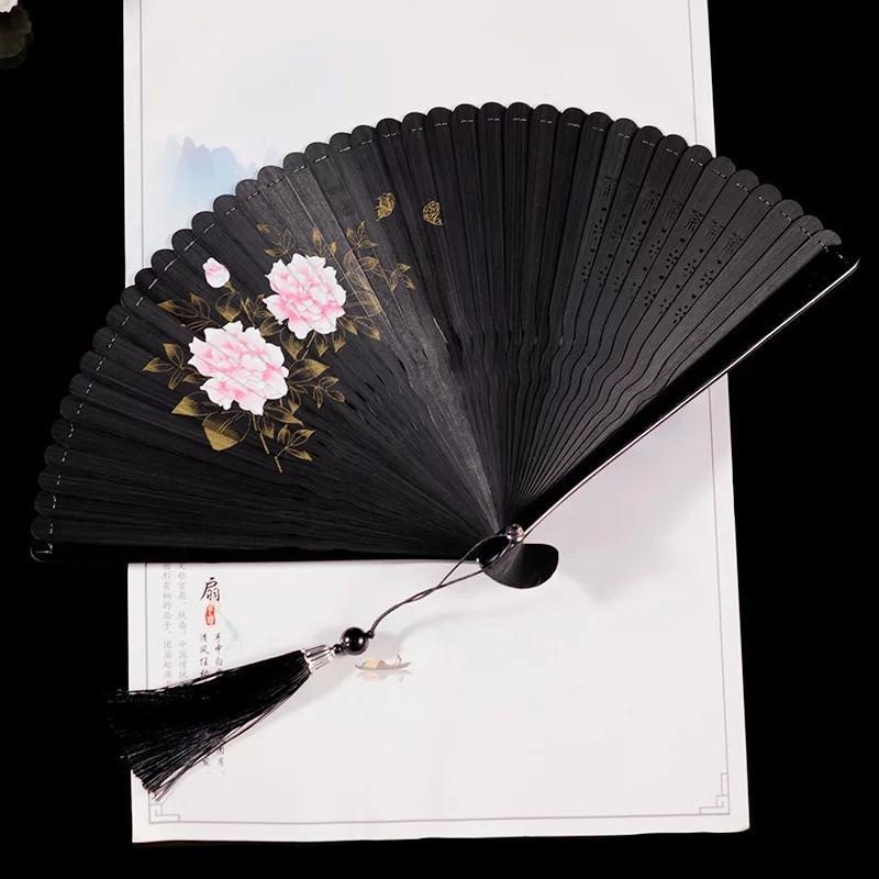 Bamboo Fan for Women, Traditional Style, Classical Black Folding Fan, Compact Hanfu Dance Fan, Portable Silk Cloth Fan
