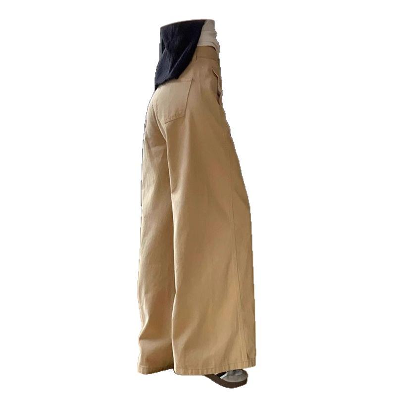 Plus Size Women's High Waist Khaki Wide Leg Jeans - Autumn Slimming Straight Pants