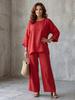 European & American Style Women's Cotton Linen Blend Shirt and Wide Leg Pants Set