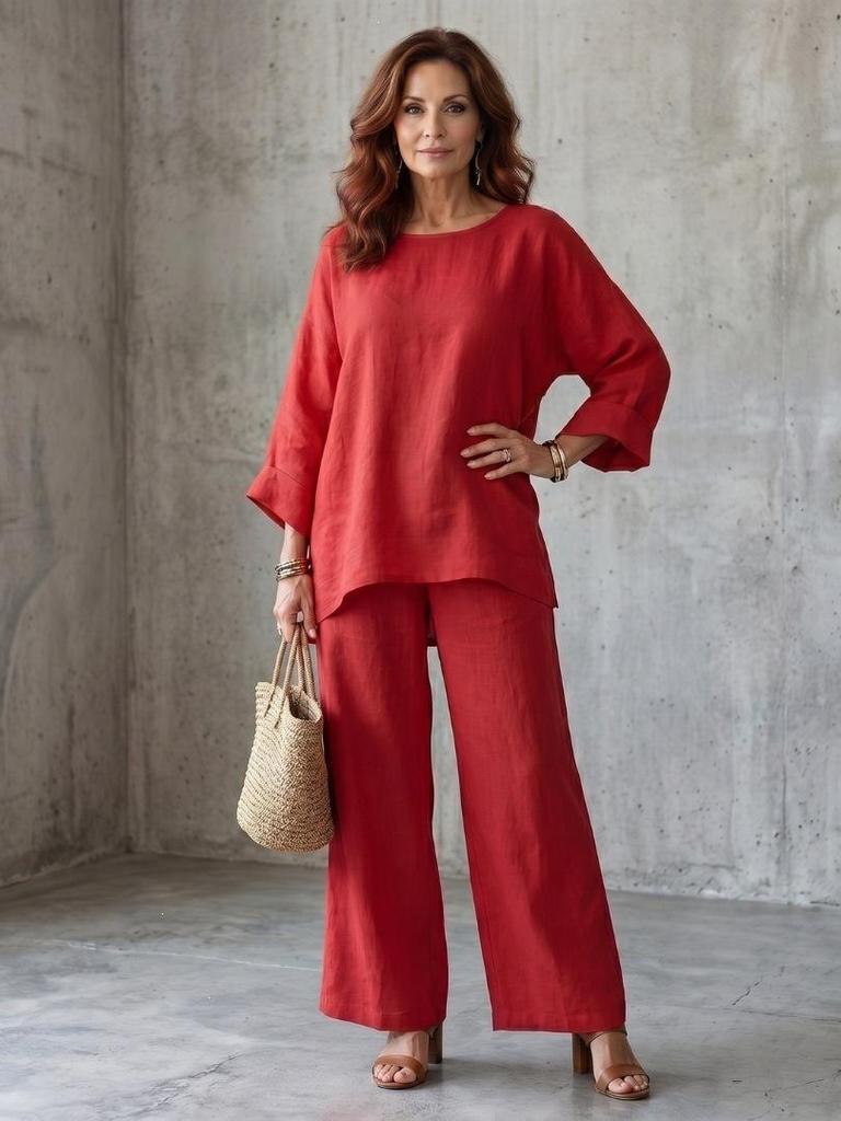 European & American Style Women's Cotton Linen Blend Shirt and Wide Leg Pants Set