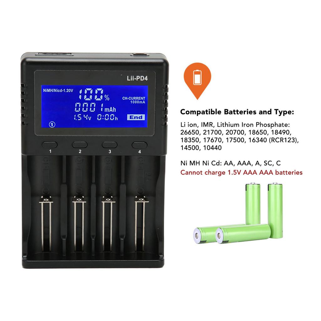 Smartes Batterieladegerät 4 Slots LCD-Anzeige Universelles Batterieladegerät für 26650 20700 18650 18350