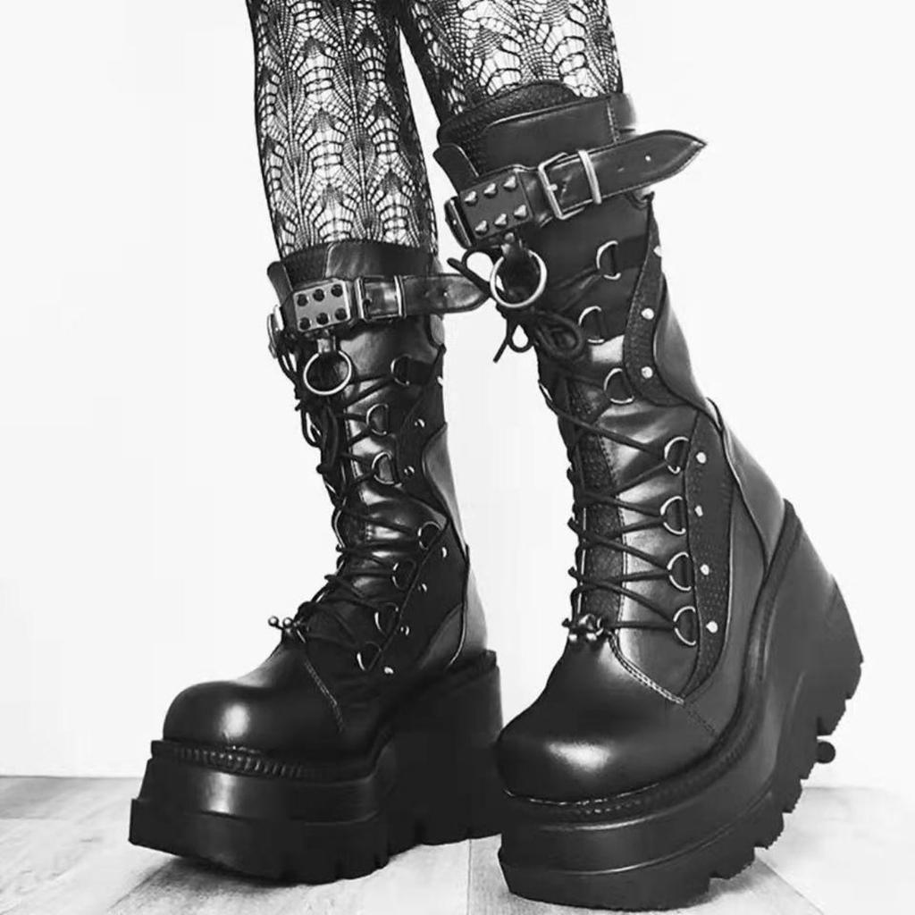 Wedge heel knight boots women's large size punk style handsome thick-soled medium tube women's boots