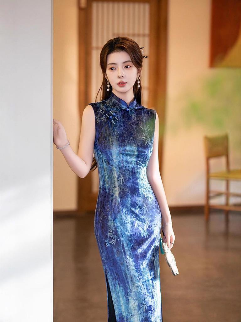 Royal Blue Velvet Sleeveless Cheongsam Dress - Modern Retro Autumn Style