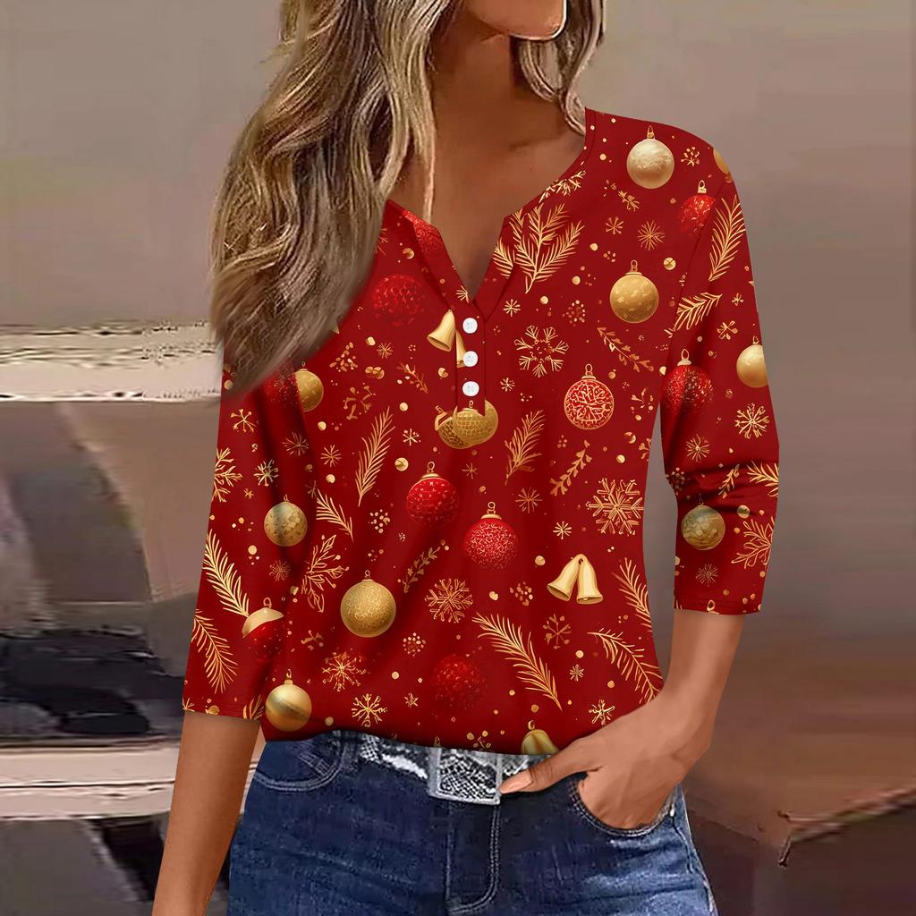 Dámské tričko Vánoční potisk Knoflík 3/4 rukáv Denní Víkendová Móda Základní Výstřih do V Běžný Top