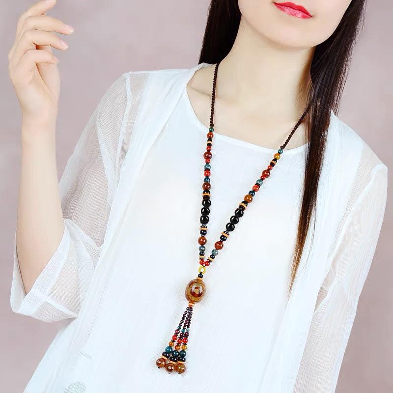 GEMCHIC Women's Ethnic Style Three-Eyed Dzi Bead Long Necklace Handmade Agate Pendant Sweater Chain Vintage Bohemian Jewelry