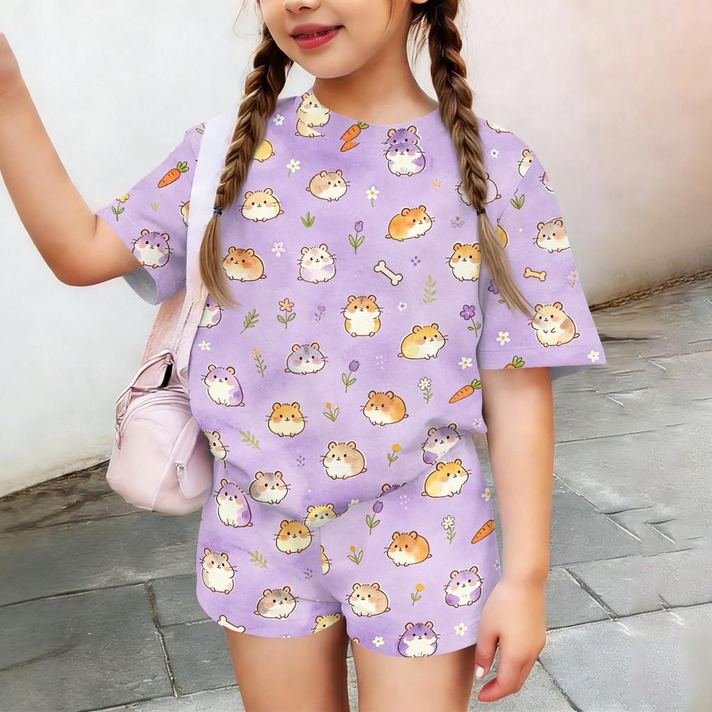 Kids Casual Short Sleeve Top and Shorts Set Animal Print Two Piece Outfit Comfortable Lightweight Soft Fabric Summer Wear