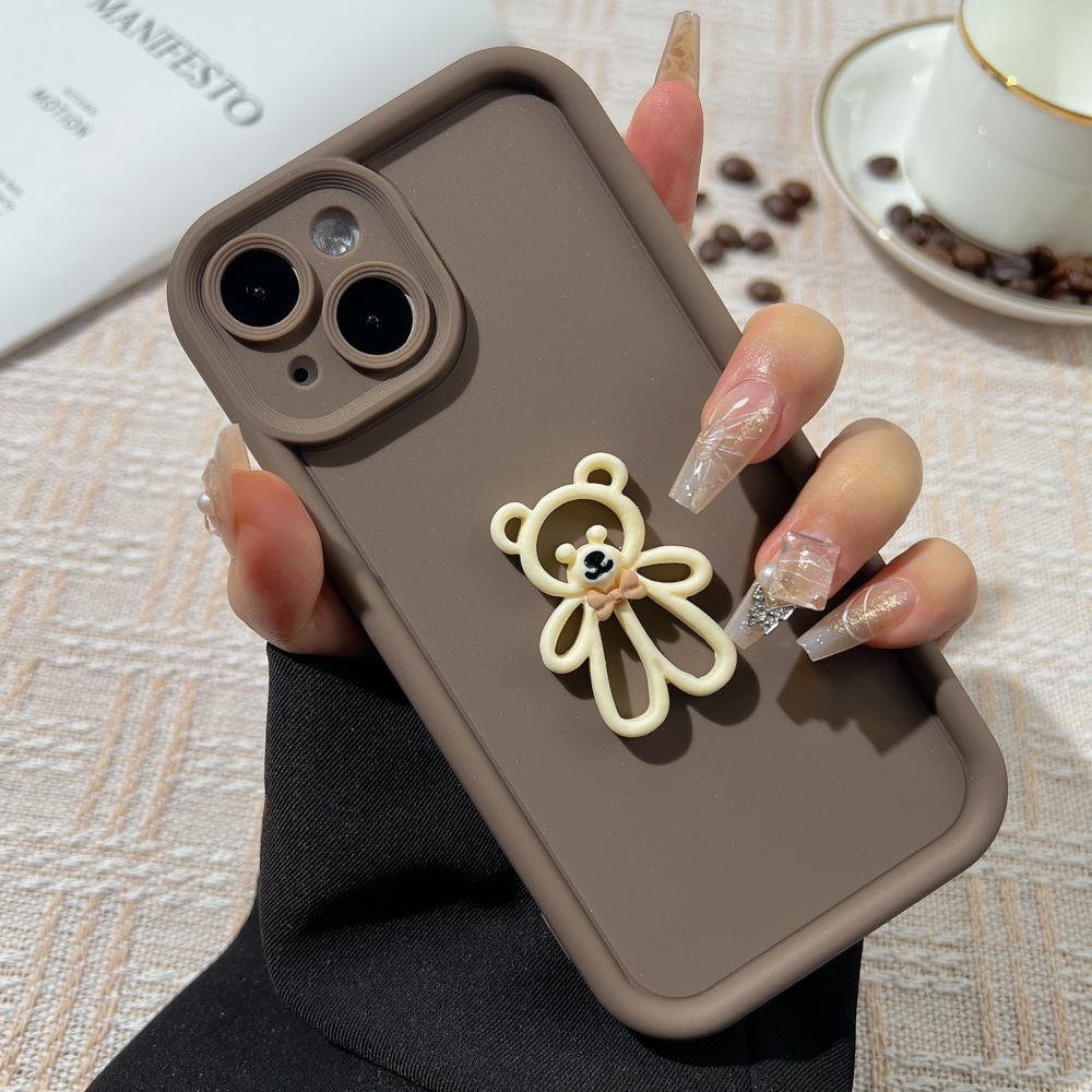 Korean Cute Cartoon 3D Coffee Bear Phone Case For iPhone 11 Case iPhone 13 12 14 16 15 Pro Max XR XS 7 8 Plus SE Soft Cover