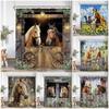 Western Barn Horse Shower Curtains Sunflower Lavender Floral Farmhouse Wooden Door Farm Animal Bathroom Curtain Decor with Hooks