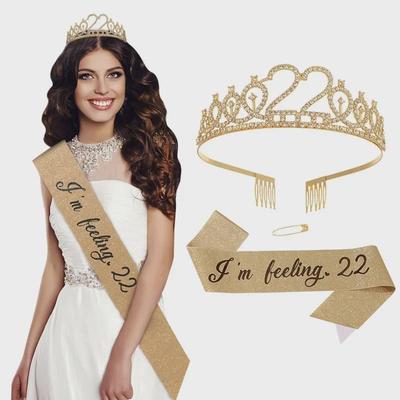 22. Geburtstag Glitzer Krone und Schärpe Set: Funkelnde Legierungs-Tiara & Elegantes Schulterband für Party-Feiern
