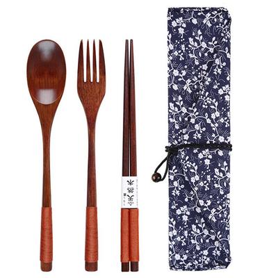 Wooden Fork Spoon Three-piece Suit Japanese Korea Style Travel Portable Tableware Nice Dinnerware Bag Packing