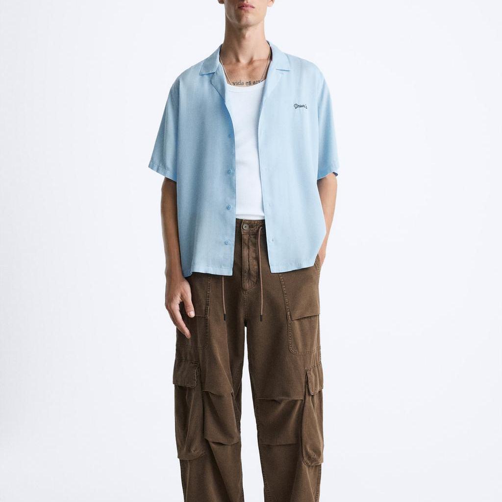 Zara Loose Embroidered Lapel Short Sleeve Shirt Men shirts Sky-Blue 1063399-403