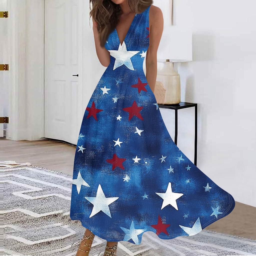 Abiti lunghi casual da donna, sciolti, con scollo a V, senza maniche, stampati per il Giorno dell'Indipendenza