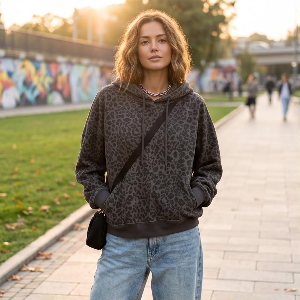 Damen Oversized Retro Kapuzenpullover mit Leopardenmuster