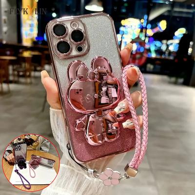 Coque de téléphone miroir lapin à paillettes de luxe pour Infinix Hot 50 Pro Plus 50i 40 Pro 40i 30 30i 30 Play NFC Trèfle à quatre feuilles Cordon de main