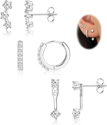 3 Pairs 925 Sterling Copper Allergy Free Women Earrings Set Multiple Piercing Dainty 14K Gold Plated Stud Huggie Hoop Earrings
