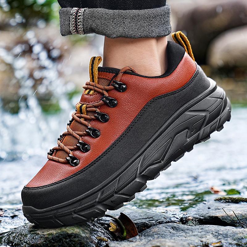 Men's Hiking Shoes PU Leather Casual Sports Shoes Fashion Lace-up Platform Shoes Waterproof Walking Shoes Big Size 39-48