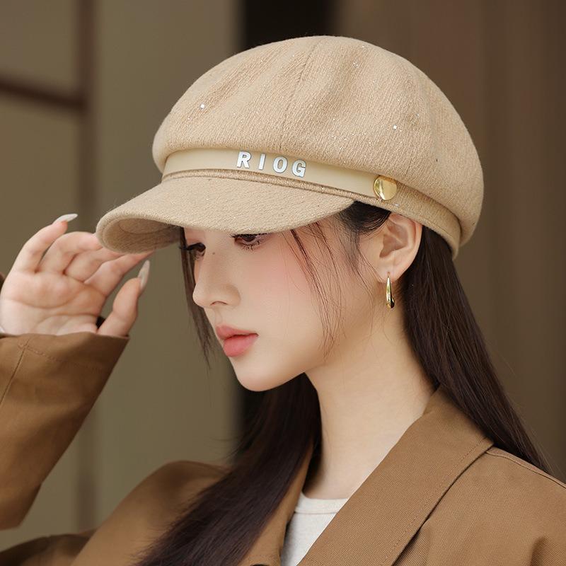 Autumn hat women's big head circumference showing face small octagonal hat retro newsboy hat versatile painter hat