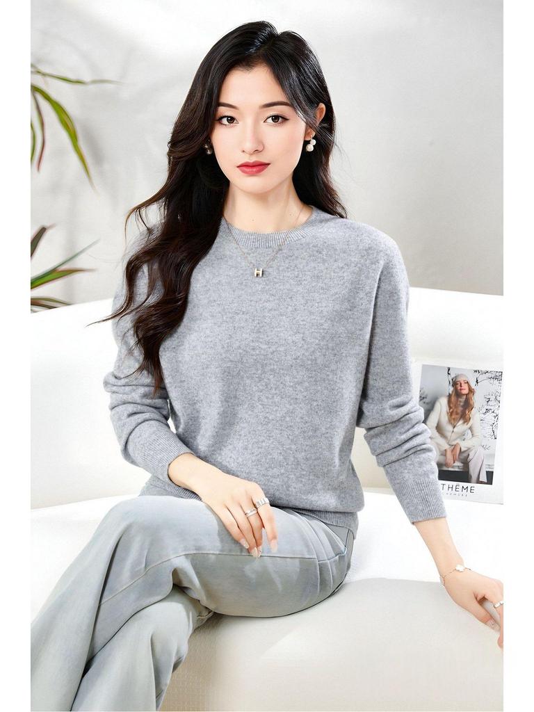 Dámský měkký kašmírový svetr s dlouhým rukávem a kulatým výstřihem - Módní, všestranný a pohodlný úplet.