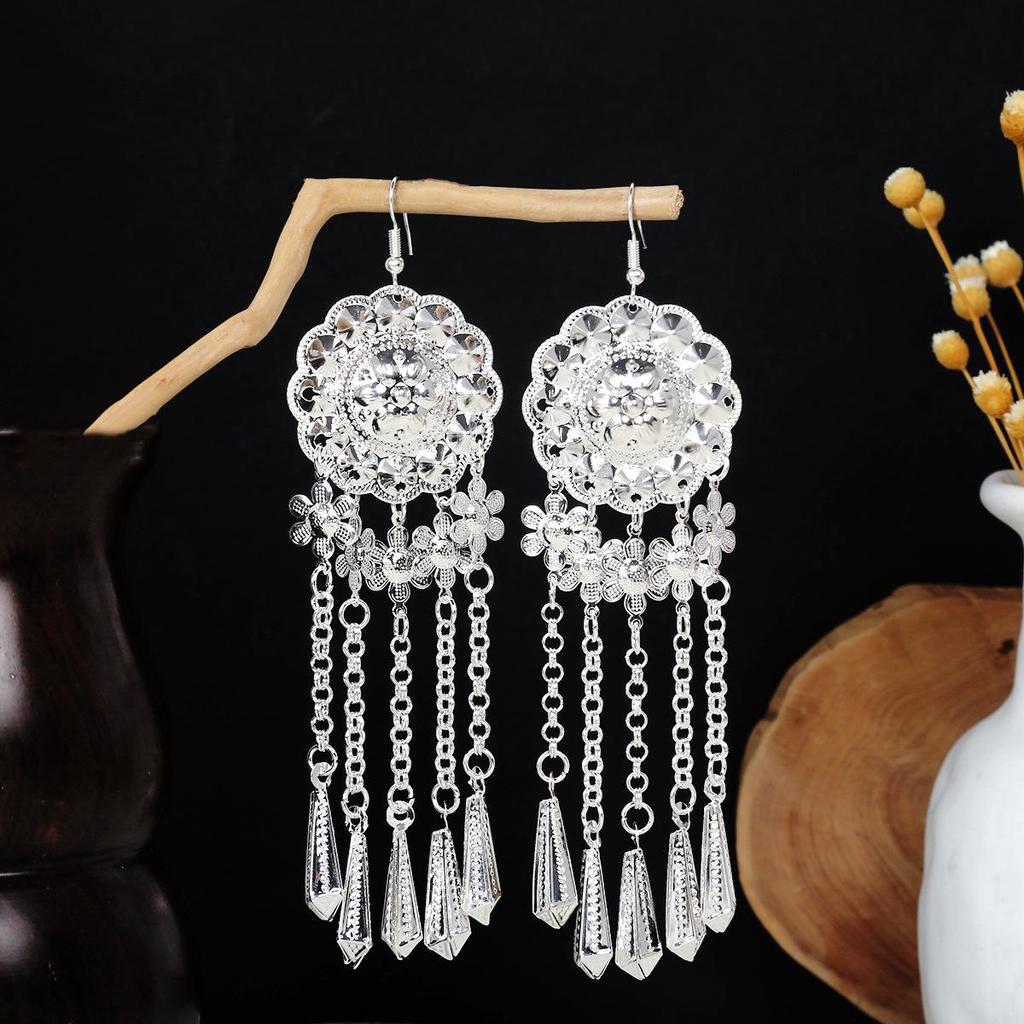 Miao Silver Tassel Earrings: Ethnic Style, Fashionable Exaggeration, Light Luxury Design