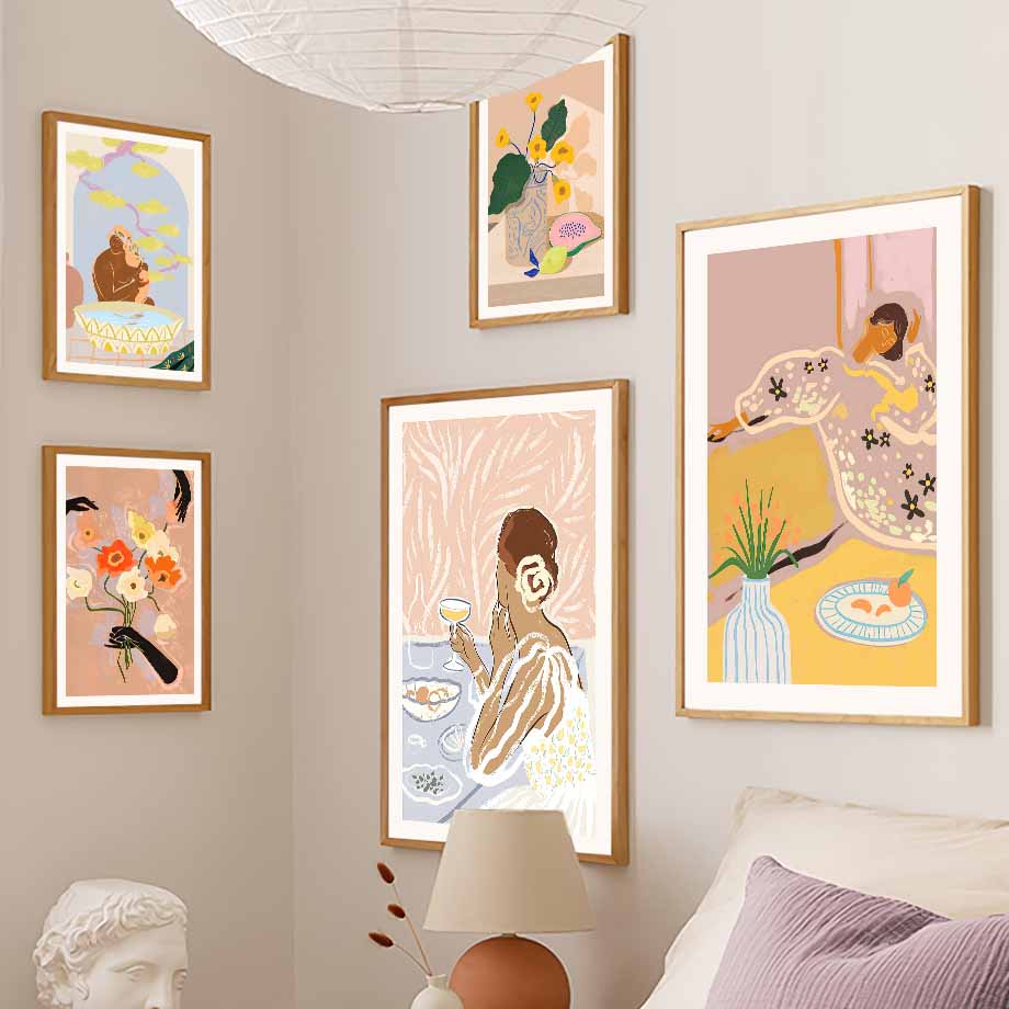 Retro Line Girl Lemon Flower LeafVase Abstract Gallery Poster And Prints Wall Art Canvas Painting Pictures For Living Room Decor