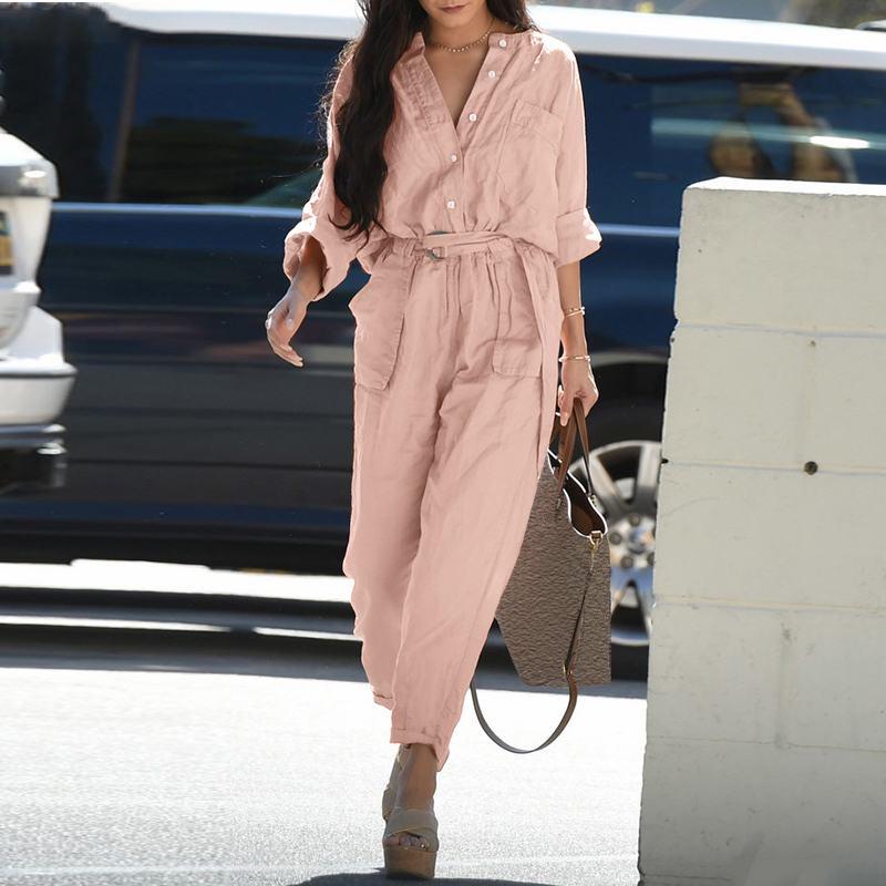 In Stock 2023 Summer Women's Casual Lapel Print Belted Jumpsuit - European & American Bestseller