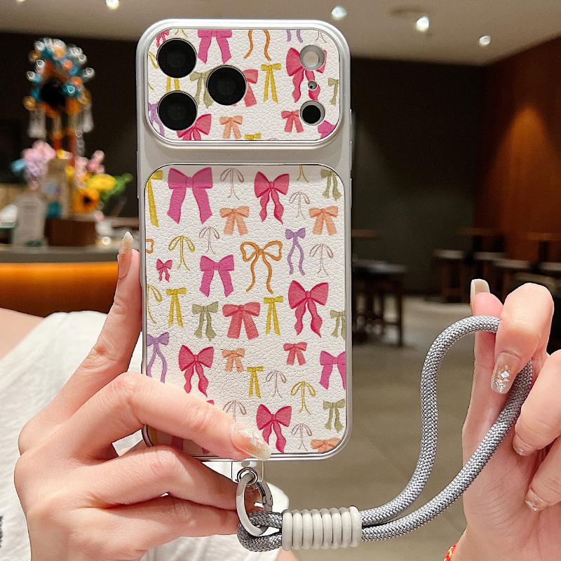 Colorful Bowknots Print Leather Lanyard Case For iPhone 18 Pro Max Hybrid TPU+PU Anti-skid Soft Cover For iPhone 17 16 15 14 13 Pro Max