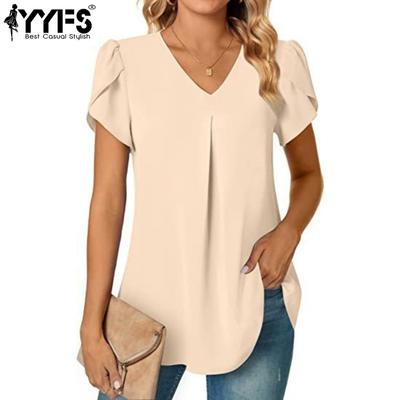 Women's Fashion Casual Summer Solid Color Print Short Sleeve V-Neck Blouses & Shirts